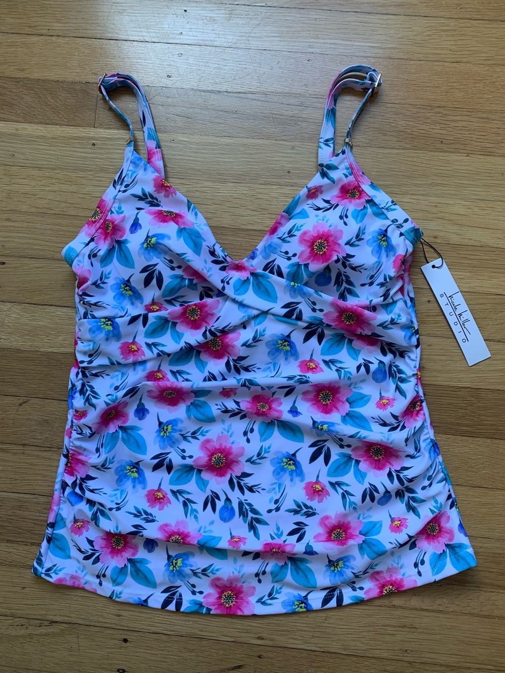 NWT Nicole Miller Studio Pink/Blue/White Floral Tankini Swim Top Size M